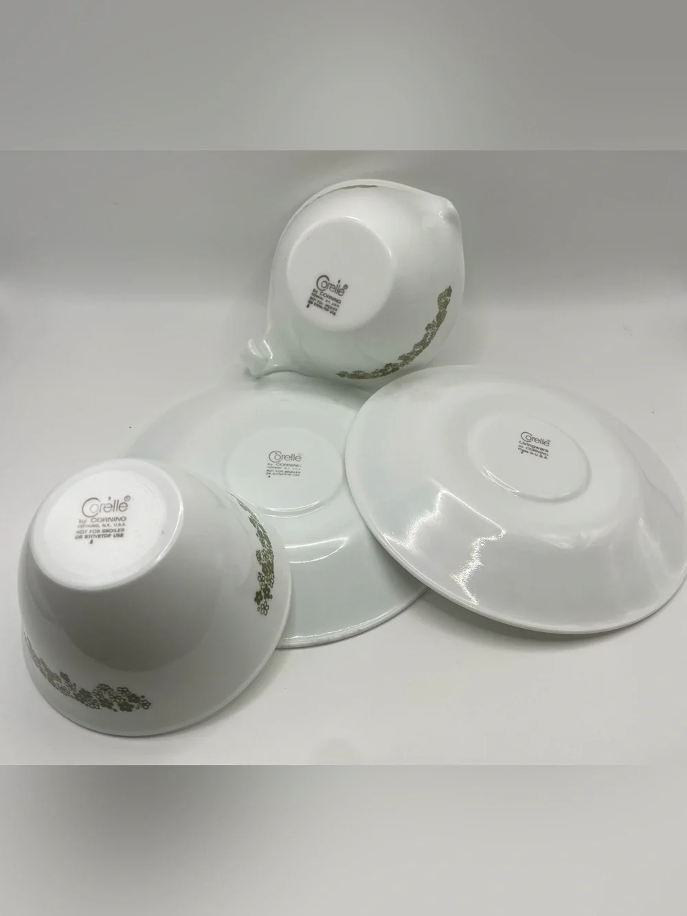 Corelle Spring Blossom Sugar, Creamer, and Saucers Set - Green Floral Border